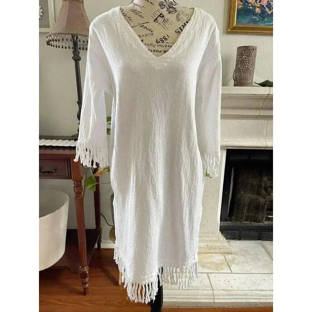 Sea Breeze Women's S Tunic White Fringe 3/4 Top Dress 100% Cotton Made‎ In USA
